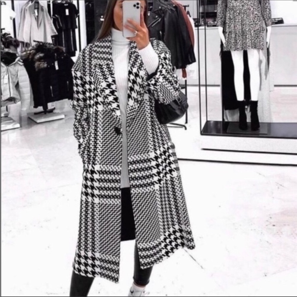 Zara Black and White Houndstooth Coat